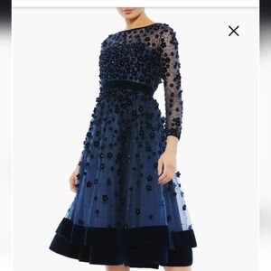 Long Sleeve Fit & Flare Velvet Embellished Cocktail DressMac Duggal